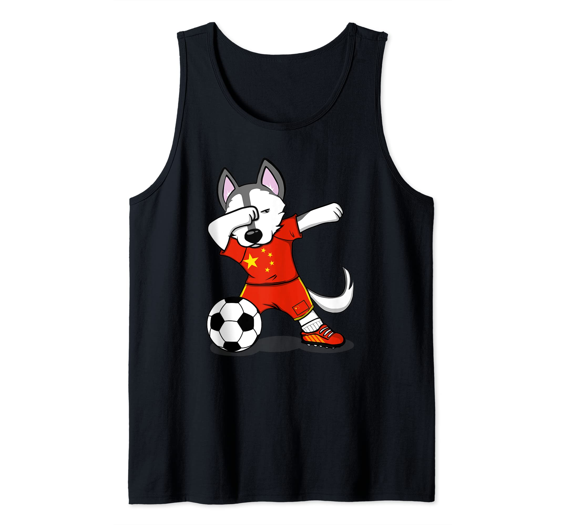 Funny Dabbing Husky Dog China Football - Chinese Flag Soccer Tank Top