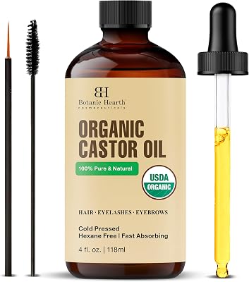 Aceite de ricino | 100% puro y natural, prensado en frío, orgánico | 118,3 ml | Para cabello, pestañas y cejas | Sin hexano | Absorción rápida | Con gotero y aplicadores