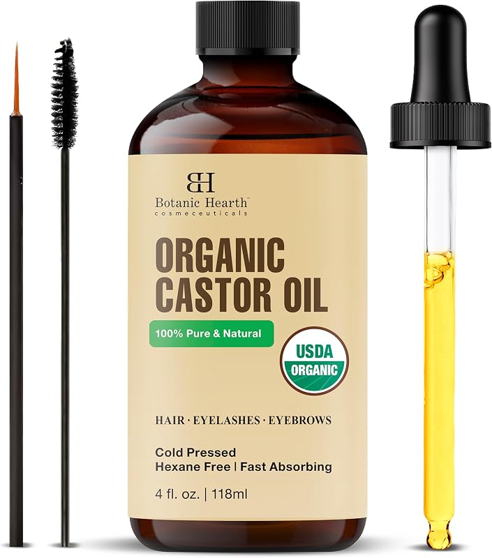 Aceite de ricino | 100% puro y natural, prensado en frío, orgánico | 118,3 ml | Para cabello, pestañas y cejas | Sin hexano | Absorción rápida | Con gotero y aplicadores