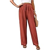 winkbay Women's Straight Leg Pants with Pockets Tie Knot Adjustable High Waist Flowy Trousers