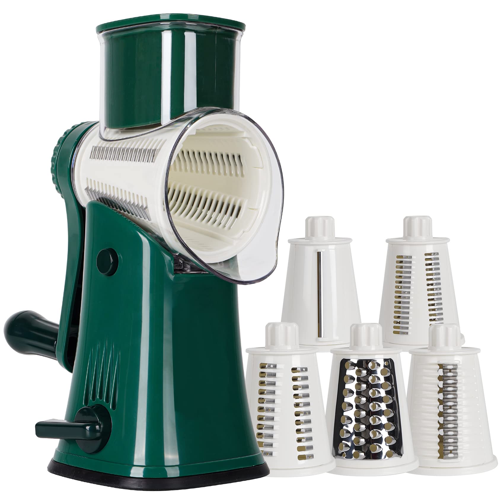 SAVORLIVING Rotary Grater for Kitchen, 5 in 1 Rotary Vegetable Slicer, Hand Crank Round Drum Cutter, Multifunctional Handheld Cheese Shredder Nut Grinder, Strong Suction Base (Green)