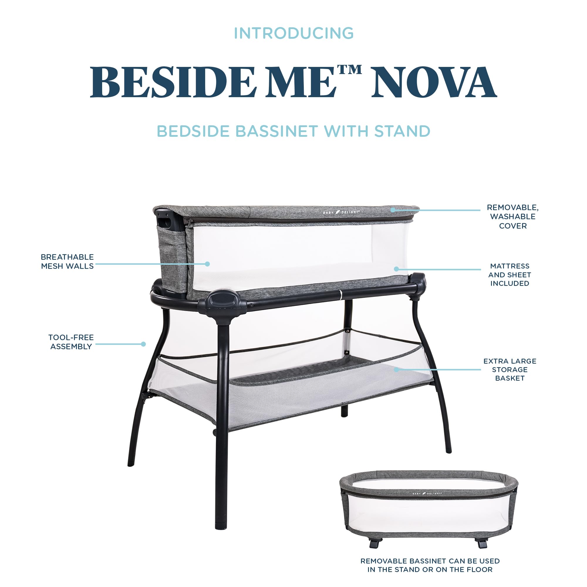 Baby Delight Beside Me Nova | Bedside Bassinet | Removable and Portable Bed | for Infants 0 – 5 Months | Charcoal Tweed