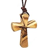 Hand Carved Tapered Wooden Cross Necklace for Men & Women on Adjustable Long Leather Cord - Available in Black or Brown - Wood Cross Pendant Gift for All Ages