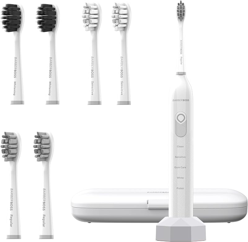 Spazzolino da denti sonico ricaricabile per adulti, 5 modalità di pulizia, spazzolino elettrico, sensore di pressione, 6 testine, batteria da 60 giorni, timer intelligente