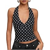 SweatyRocks Women's Polka Dots Print Halter Tops Going Out Backless Deep V Neck Summer Top