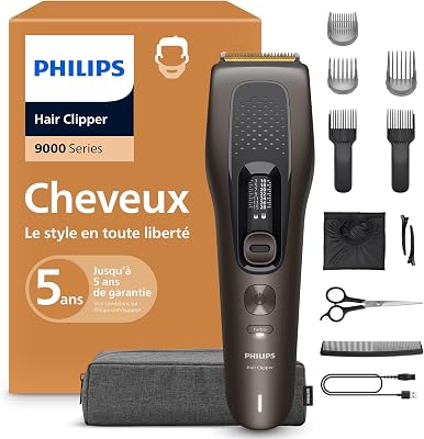 série 9000 – tondeuse cheveux pour hommes et femmes, lames auto-affûtées, 28 hauteurs de coupe par paliers de 1 mm, sabot Trim-and-Flow,autonomie jusqu’à 180 min,kit barbier 4 pièces,HC9721/15