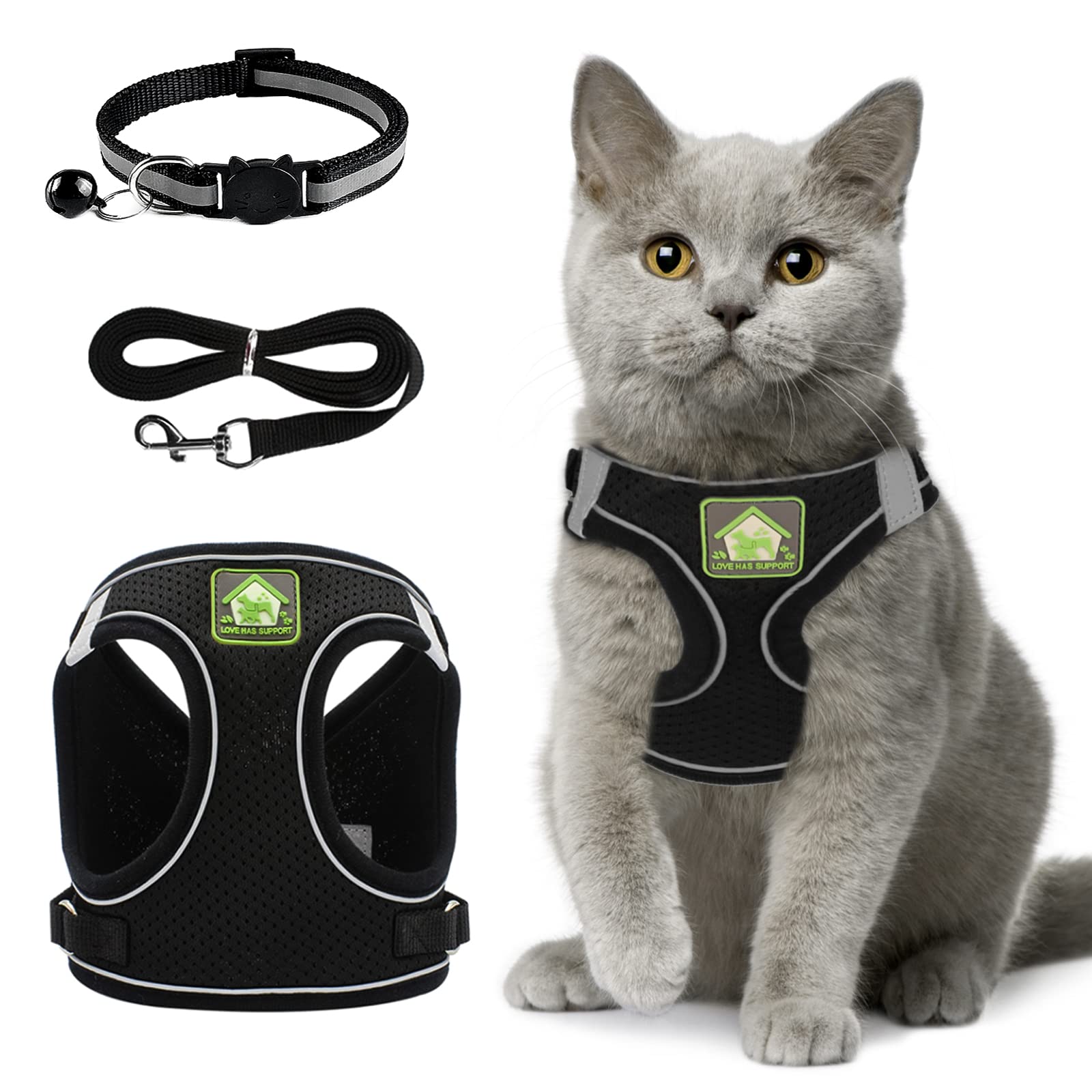 Cat Harness & Lead Set - Escape-Proof Adjustable Vest for Kitten, Ferret, Puppy, Rabbit with Reflective Strips - Breathable Soft Mesh Jacket