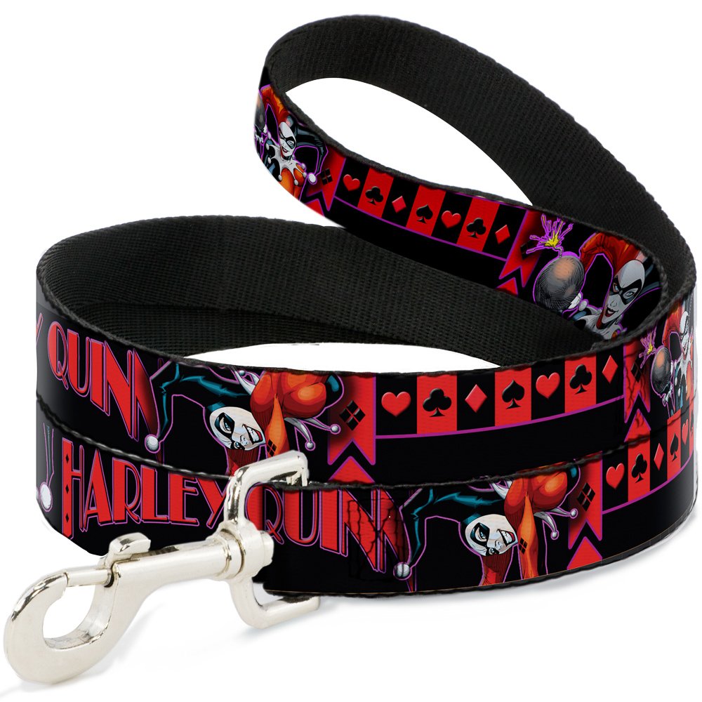 DC Comics Pet Leash, Dog Leash, Harley Quinn Bomb Poses Suits Black Purple Red, 6 Feet Long 1.0 Inch Wide