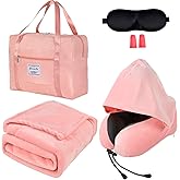 Travel Blanket Pillow Set - Travel Neck Pillow & Blanket for Airplane, Thick Fleece Plane Blanket, Hooded Memory Foam Neck Pillows, Foldable Duffel Bag, Sleep Mask, Earplugs for Plane Traveling, Pink