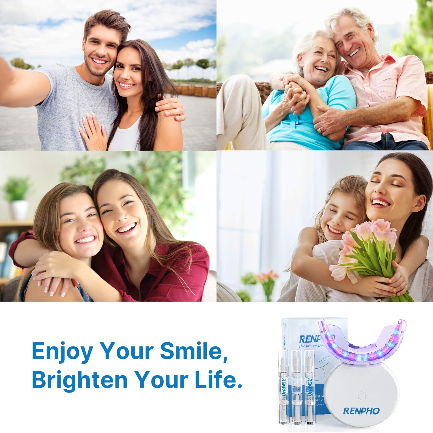 Teeth Whitening Kit with Led Light, RENPHO 32LED Accelerator Light Teeth Whitening Kit for Sensitive Teeth Whitener, 3X4ml Non-Sensitive Gels, 35% Carbamide Peroxide, Mouth Tray, Built-in Battery: Beauty