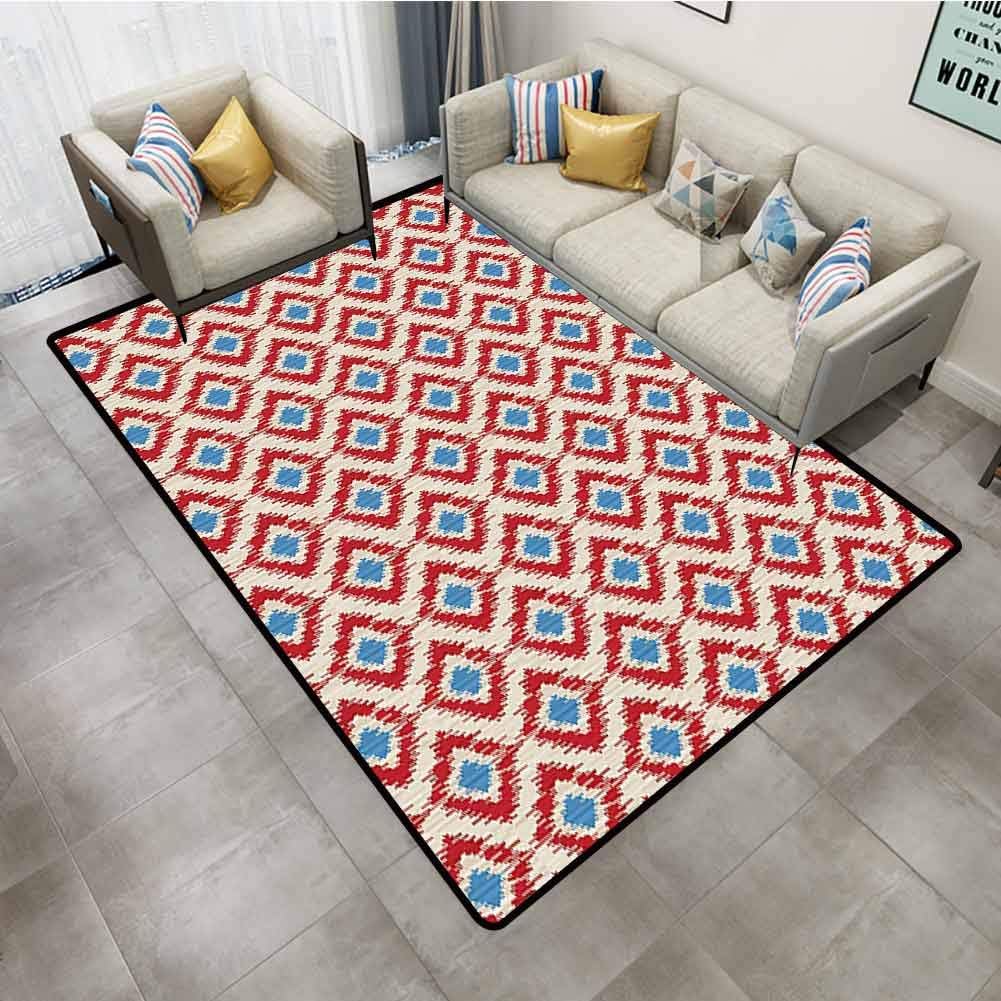Outdoor Rugs for patios Ikat Decor Collection Ancient Ikat Style Motifs Traditional Tribal Patterns Vintage Design Decorative Cream Blue Red Carpet Rug 6'x9'