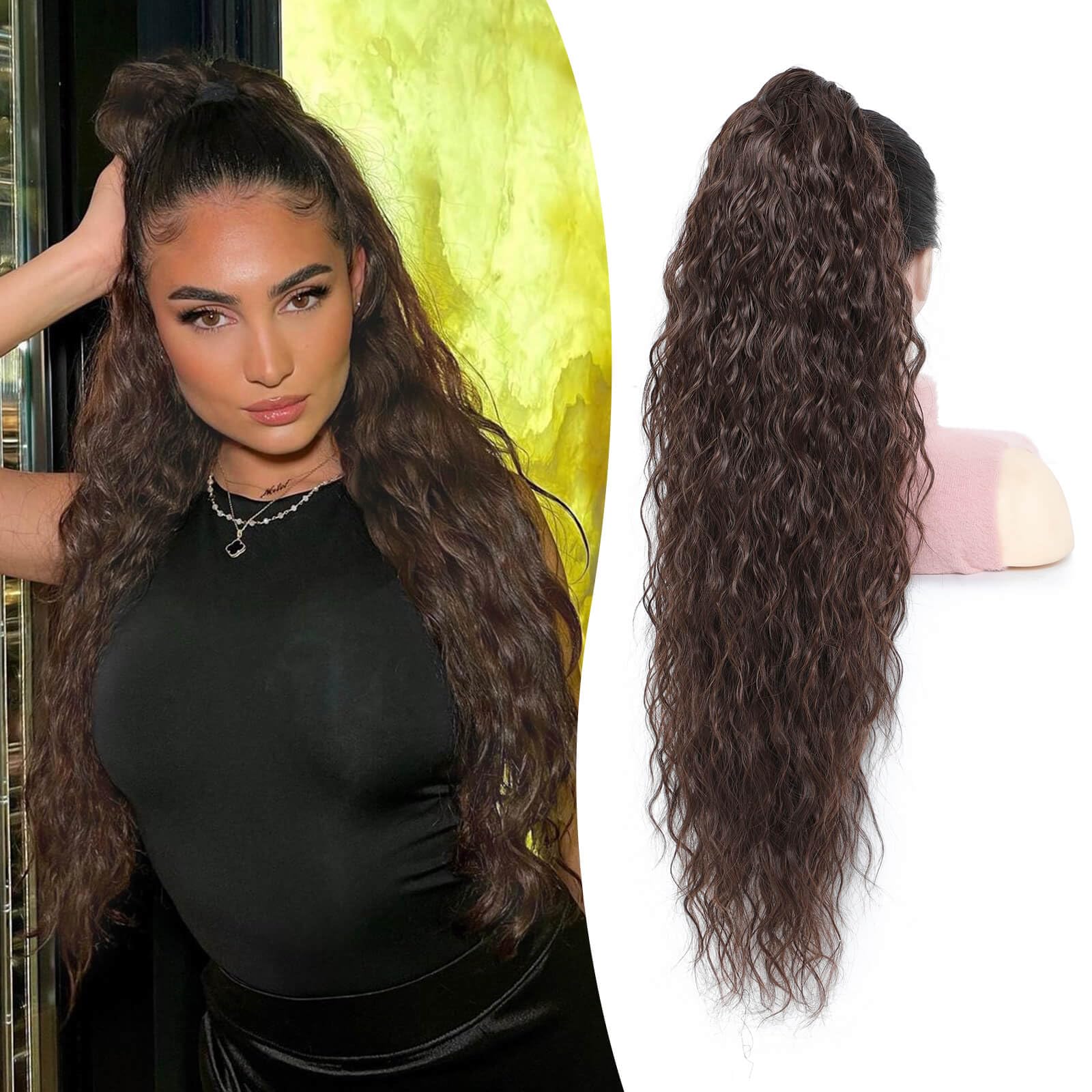 Flyroseing 30inch Ponytail Extension, Synthetic Hair Extensions Ponytail, Long Curly Wavy Claw Clip in Ponytail Hair Extensions, Reddish Chocolate Brown Pony Tails Extensions for Women — image 1