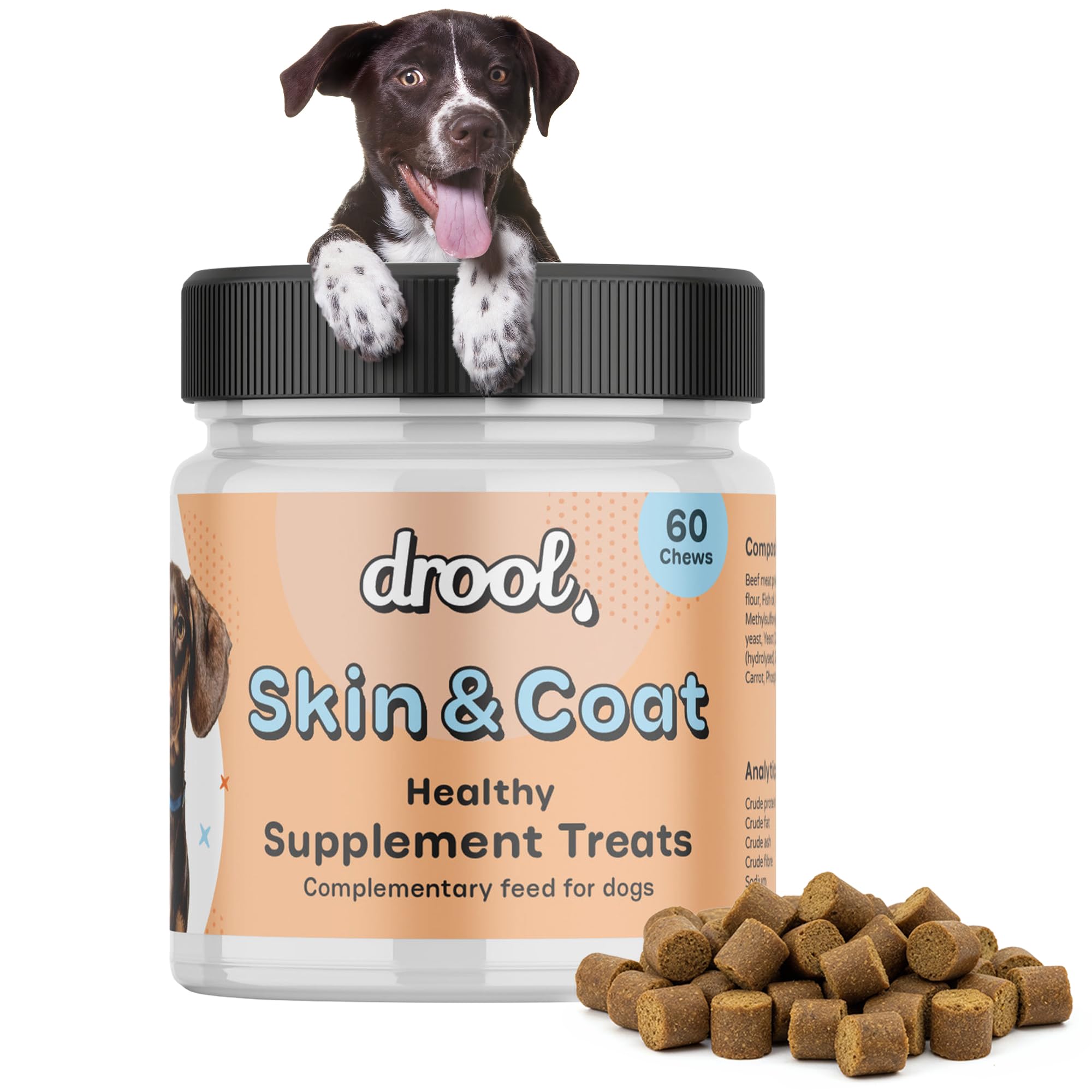 Drool Pet Products | Skin & Coat Healthy Supplement Treats for Dogs | Beef Chewy Treats for Itch Relief & Healthy Shiny Coats | Reduces Shedding & Dry Skin | 180g (Pack of 60)