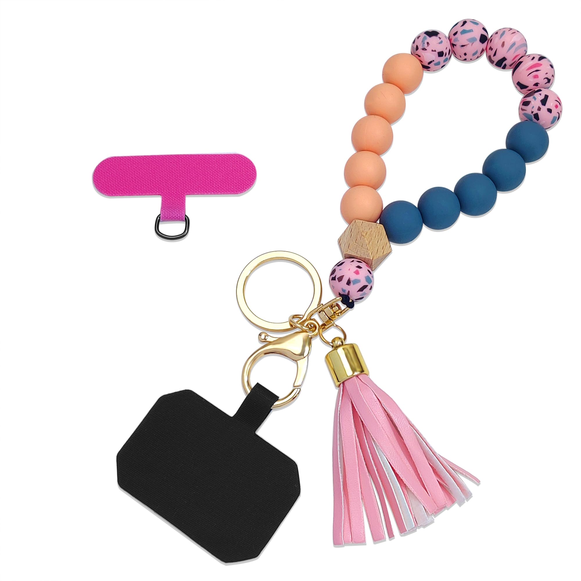 Nalefow Phone Lanyard Silicone Beaded Phone Wrist Strap Cute Elastic Cell Phone Wristlet Chain Bracelet with 2 Tether Tab for Phone (Pink)