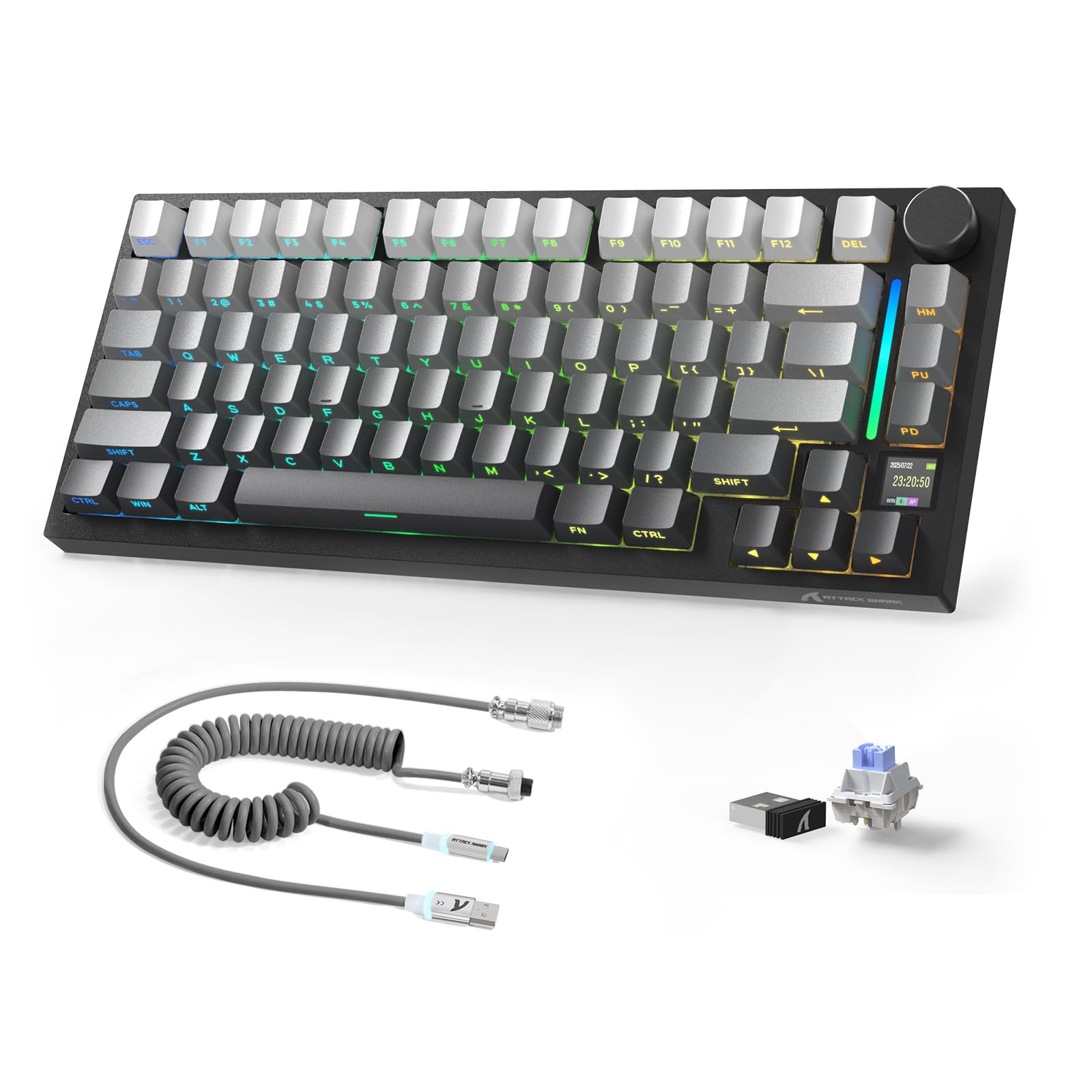 Attack Shark X820Ultra Wireless 75% Mechanical Gaming Keyboard with Screen & Knob Hot Swappable 2.4GHz/BT/Wired RGB Backlit Gasket Mount Side Print PBT Keycap QMK Web Driver Shark Switch-Moonnight