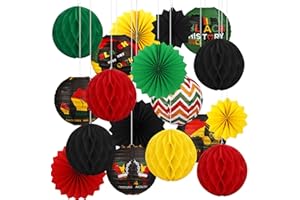 RAITEN 18 Pcs Black History Month Party Hanging Decoration Black Red Green Yellow Hanging Paper Lanterns Round Honeycomb Ball Paper Fans for Juneteenth African American Holiday Party Decorations Supplies