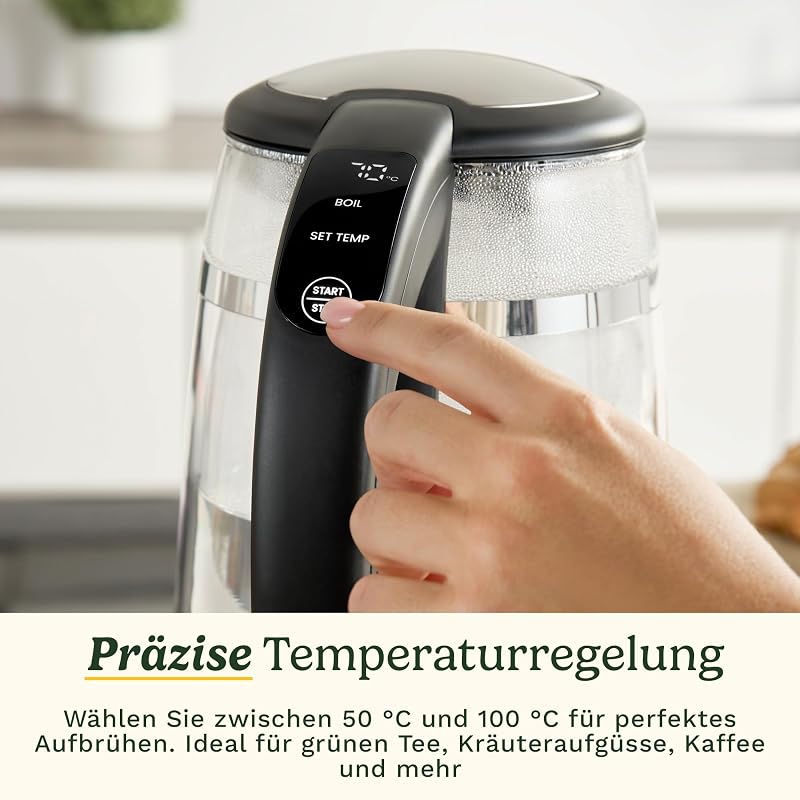 1,7L Glas-Wasserkocher mit variabler Temperaturregelung | 3KW Schnellkochfunktion | Cool-Touch | Doppelwandiges Design | BPA-frei | Tropffreier Ausguss | 360°-Drehbasis
