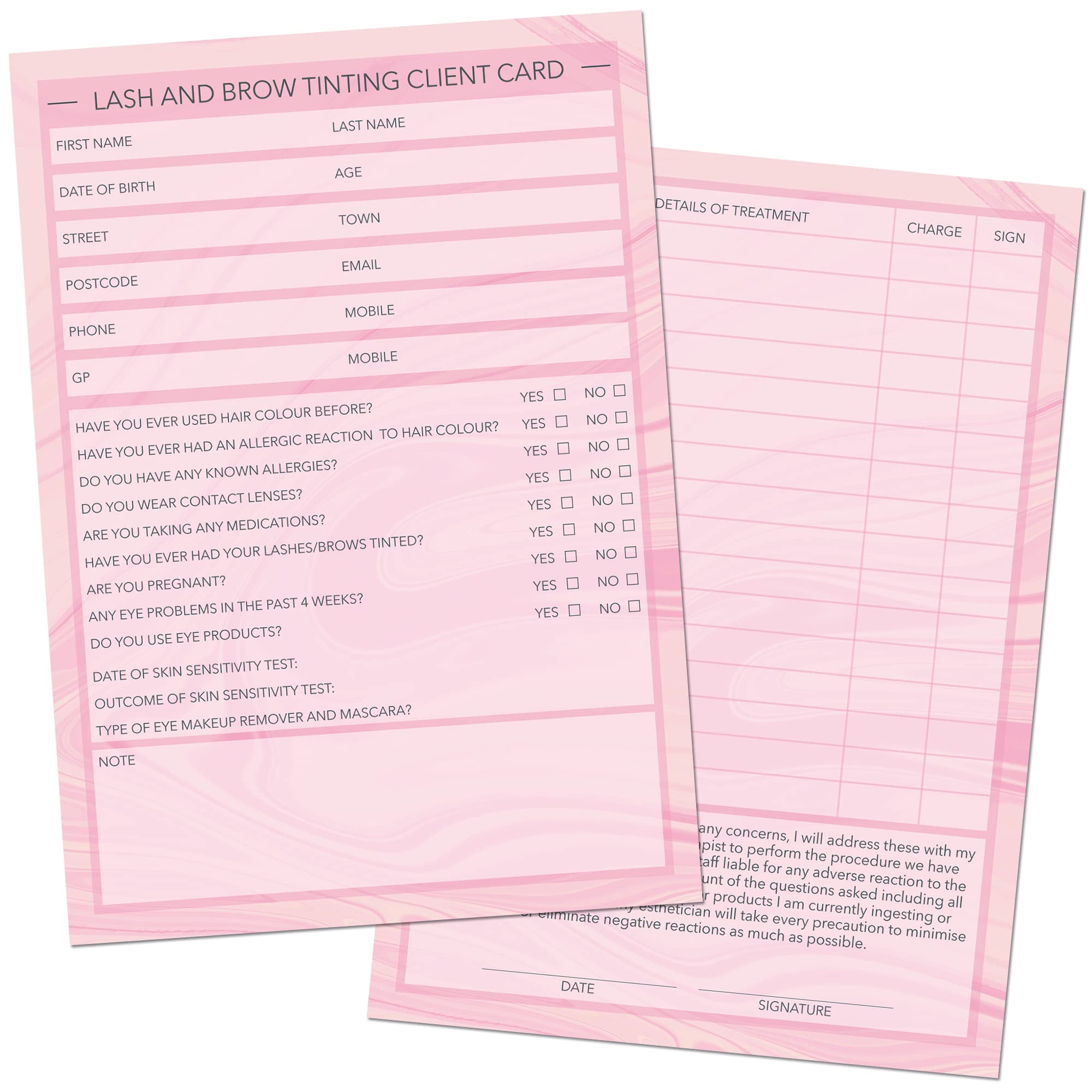 Lash & Brow Tinting Client Cards A6 Size - Salon and Therapist Customer Consultation Record - Treatment Services Essentials - Profile and Recording Forms - Beauty Stationery - 105x148mm - Pack of 25