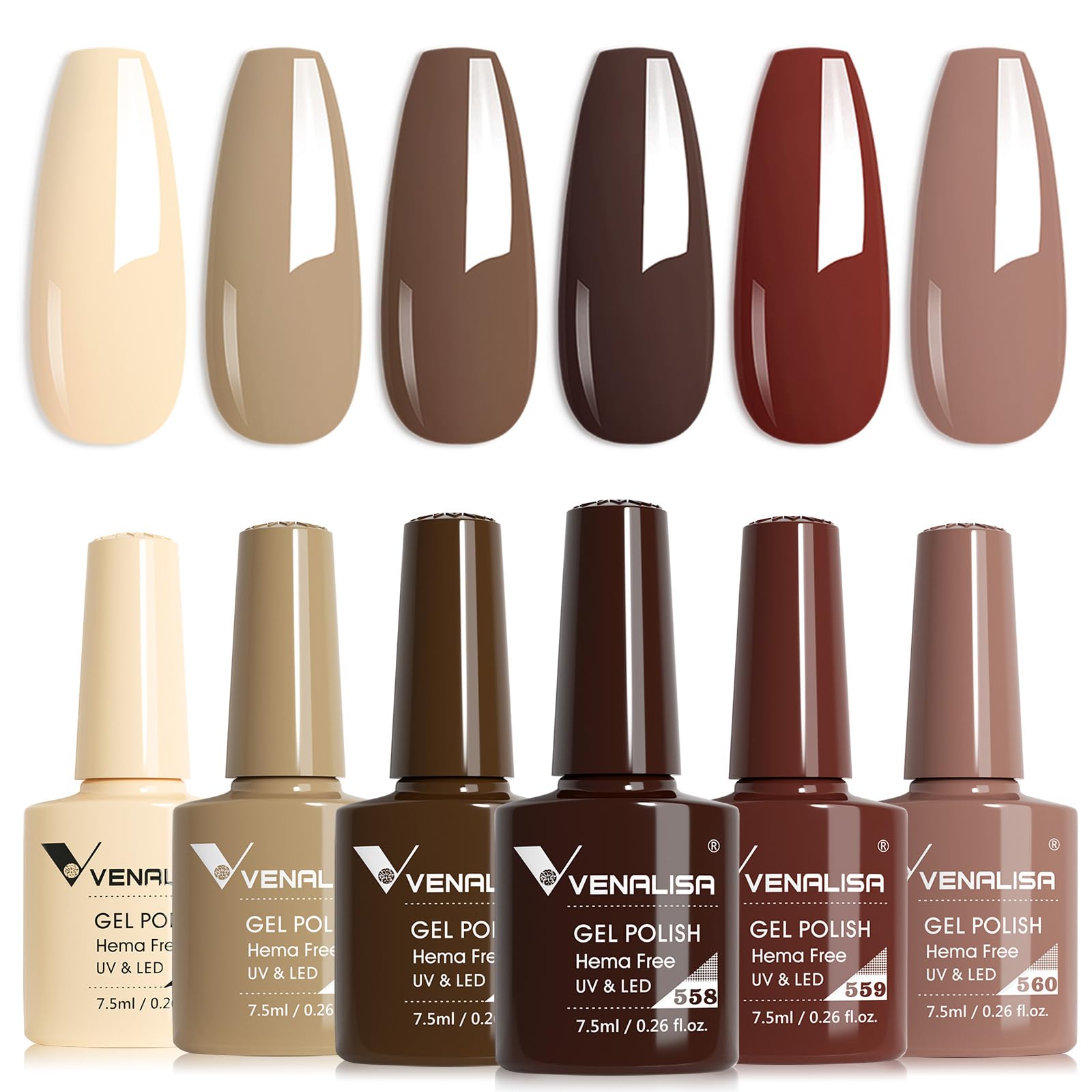 Photo 1 of VENALISA Brown Gel Nail Polish Set - 6 Colors Fall Winter Skin Tones Neutral Nude Brown Gel Polish Kit for Salon Nail Art DIY at Home Manicure