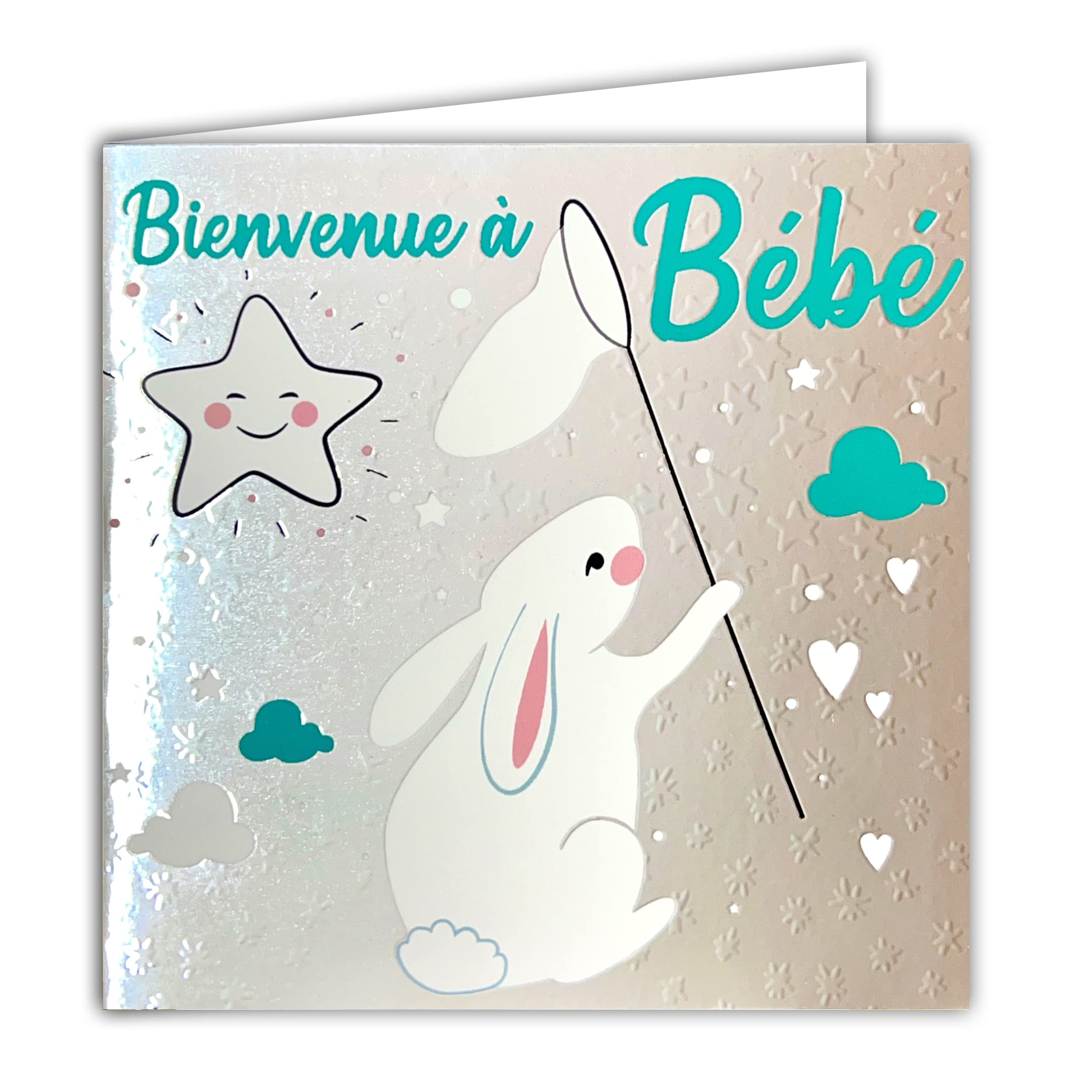 Afie 22112 Card with Square Envelope 15 x 15 cm Welcome to Baby Boy or Girl Congratulations for Birth or Adoption Sky Shiny Silver Textured Rabbit Design - Made in France