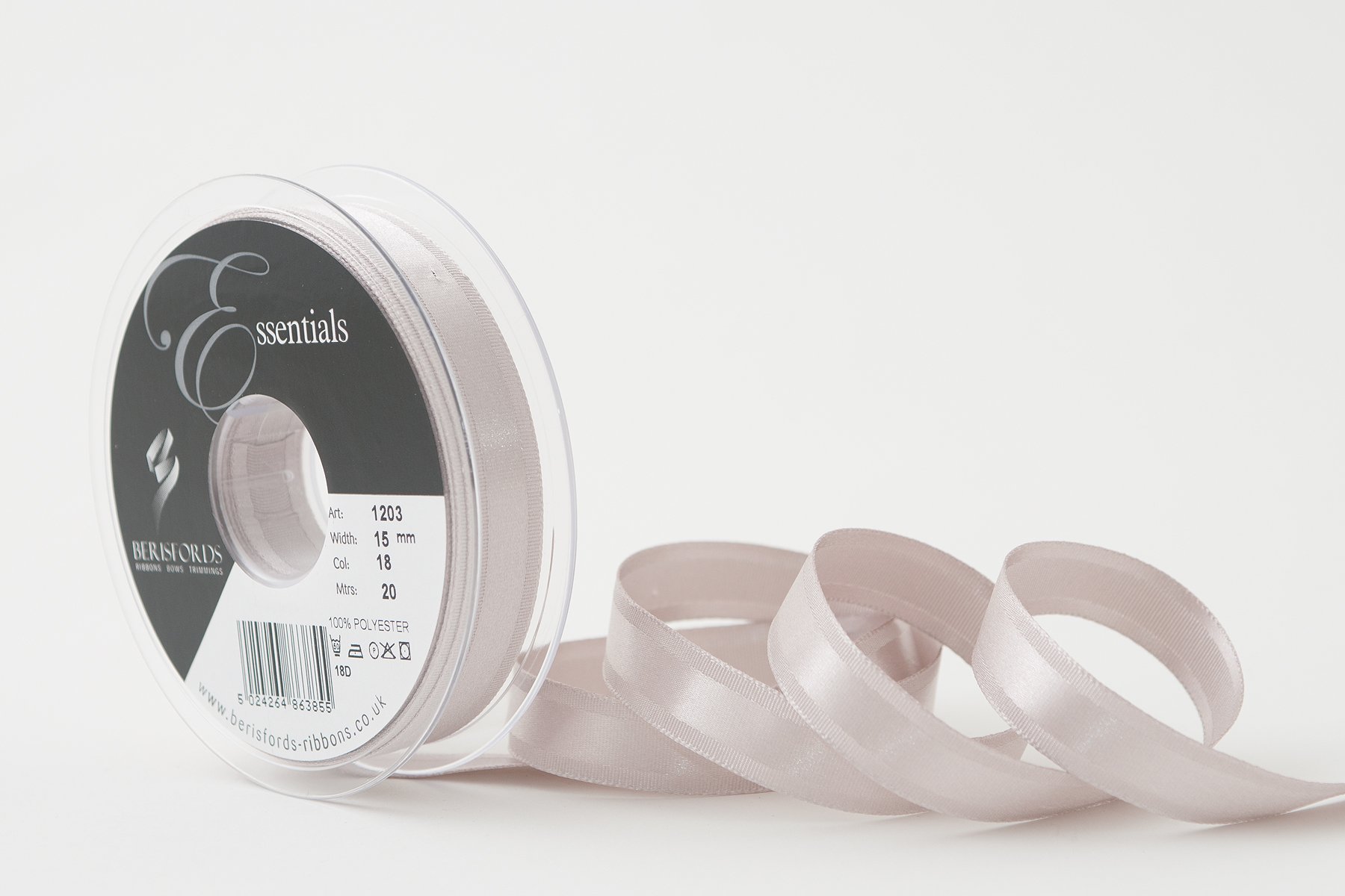Berisfords Grace Ribbon, Polyester, Silver Grey, 15 mm
