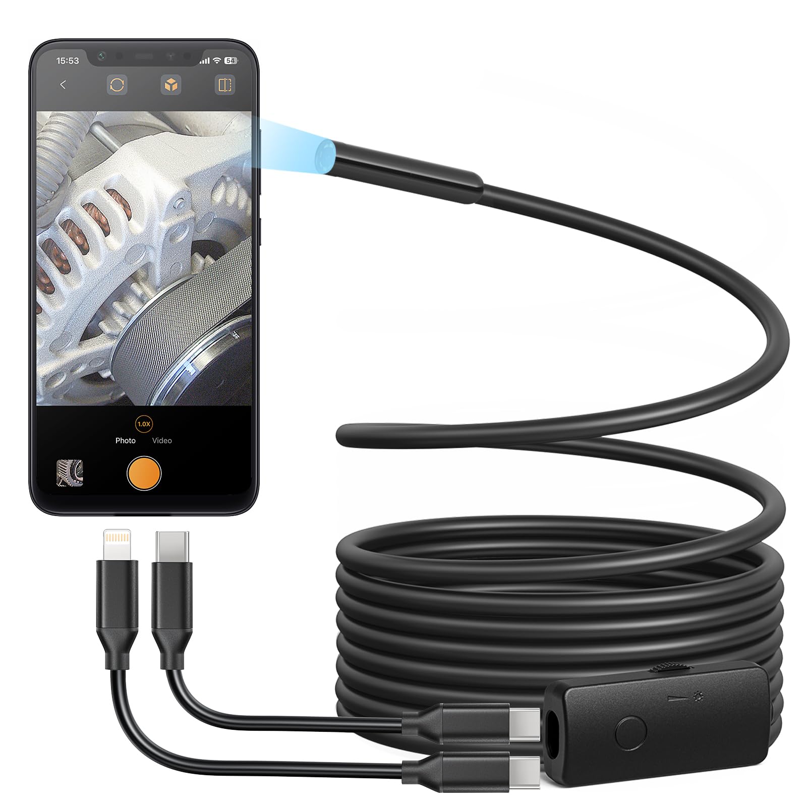 Photo 1 of Anykit Usb scope Camera with 8 Adjustable LED Lights, Borescope with Semi-Rigid Snake Camera, IP67 Waterproof Inspection Cam Compatible with iPhone and Android Devices (9.8 ft)