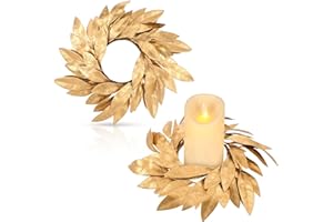 Domensi 2 Pcs Christmas Artificial Gold Bay Leaf Candle Rings Gold Bayleaf Candleholders Wreath for Pillar Candles 3.9 Inch Candles Holder for Christmas Rustic Table Centerpiece Decor