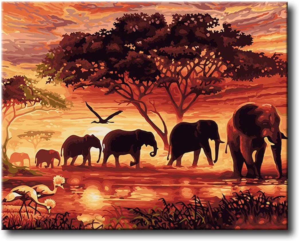 ShukqueenPaint by Numbers for Adults Animal, DIY Oil Painting Kits for Kids Beginner (Elephant, Frameless-16X20 Inch)