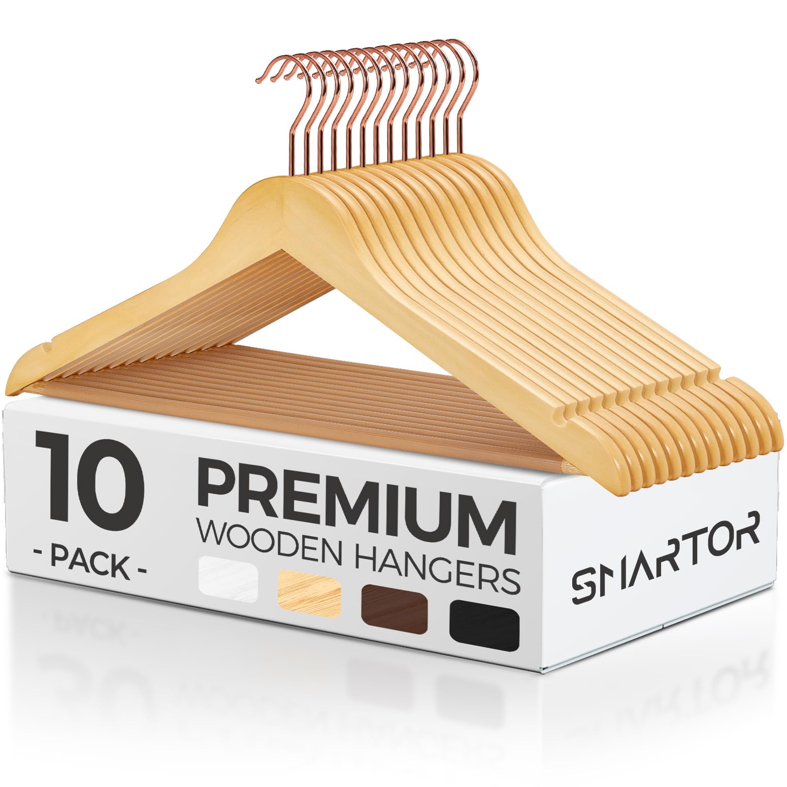 Photo 1 of Smartor Wooden Hangers 10 Pack, Solid Wood Coat Hanger for Closet, Heavy Duty Wood Hangers for Suits, Shirts, Dresses, with 360° Rose Gold Hook, Non Slip Pant Bar, Natural
