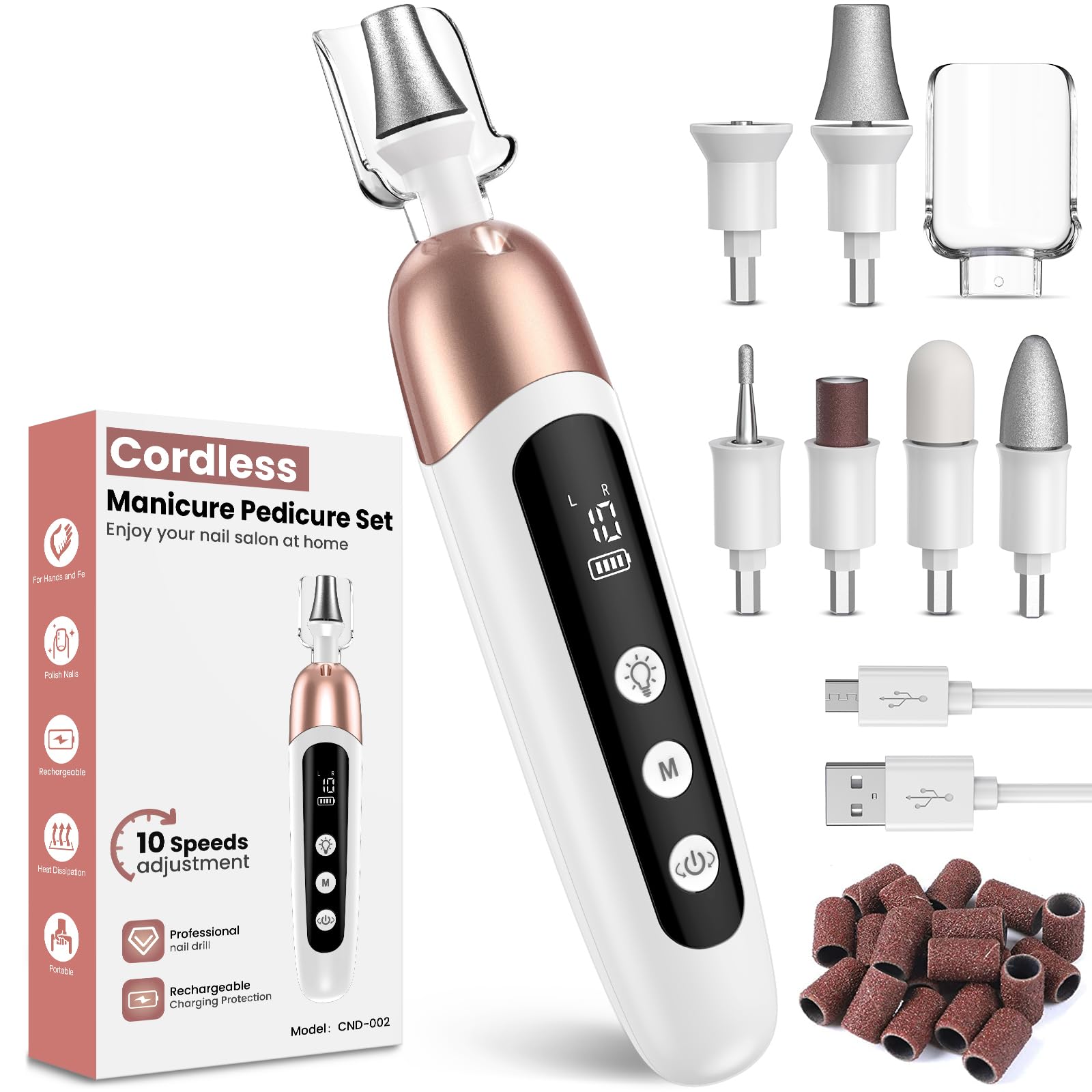 Nail Drill Cordless, Pedicure Sets for Feet Rechargeable Electric Nail File, Portable Wireless Manicure Set for Women, 10 Speed Electric Nail Drill E File for Gel Nail, Thick Toe Nails