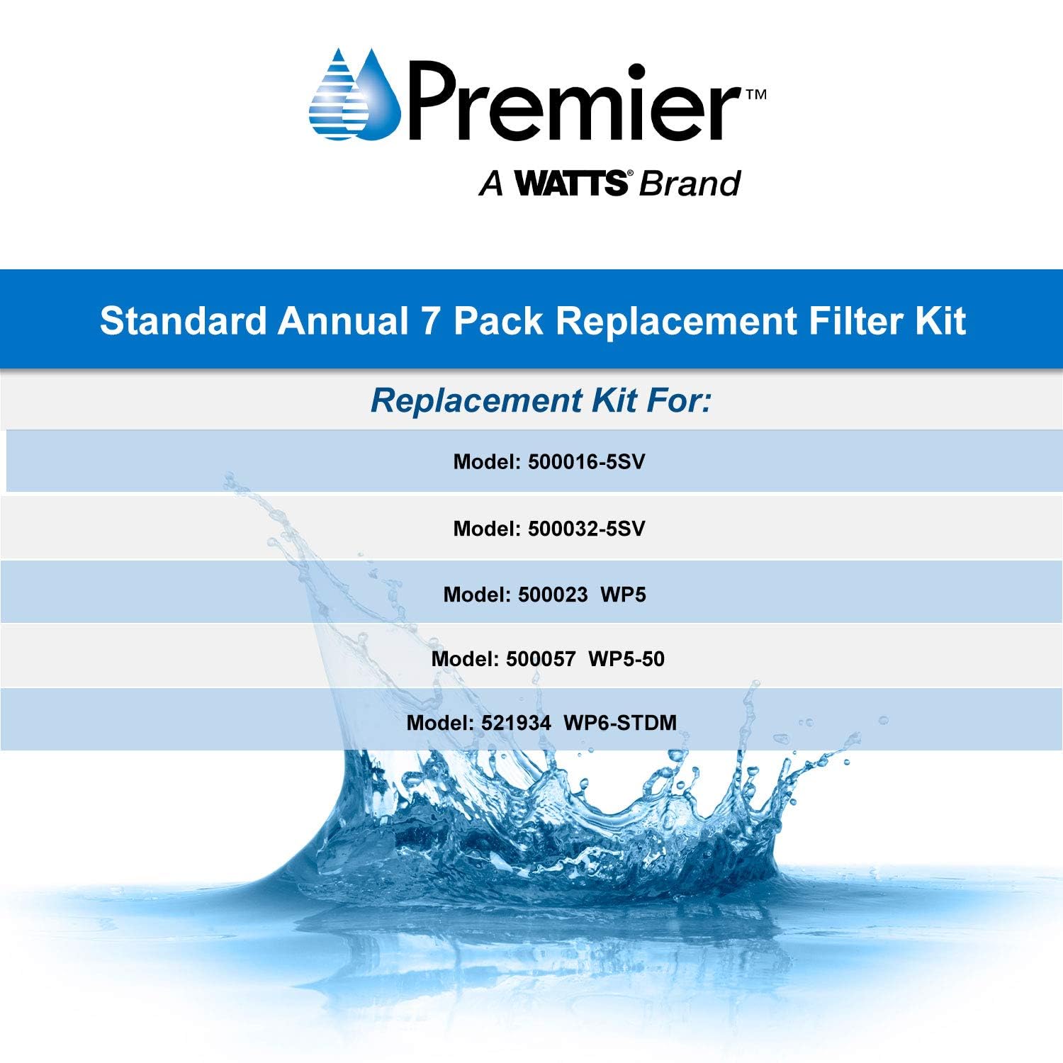 Watts Premier Annual 7-Pack Standard Water Filter Replacement Kit for RO-TFM-5SV, WP-ST6DM, WP-5, WP5-50 Reverse Osmosis System, 2 Sediment Filters, 4 Carbon Pre-Filters, GAC Inline Post-Filter
