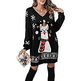 Kocowoo Women's Ugly Christmas V Neck Oversize Sweater Dress Long Sleeve Loose Holiday Knit Xmas Mini Dress.