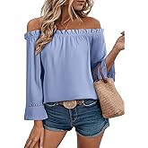EVALESS Womens Tops Off The Shoulder Blouses for Women Dressy Casual Cute 3/4 Ruffle Sleeves T Shirts Fashion 2026