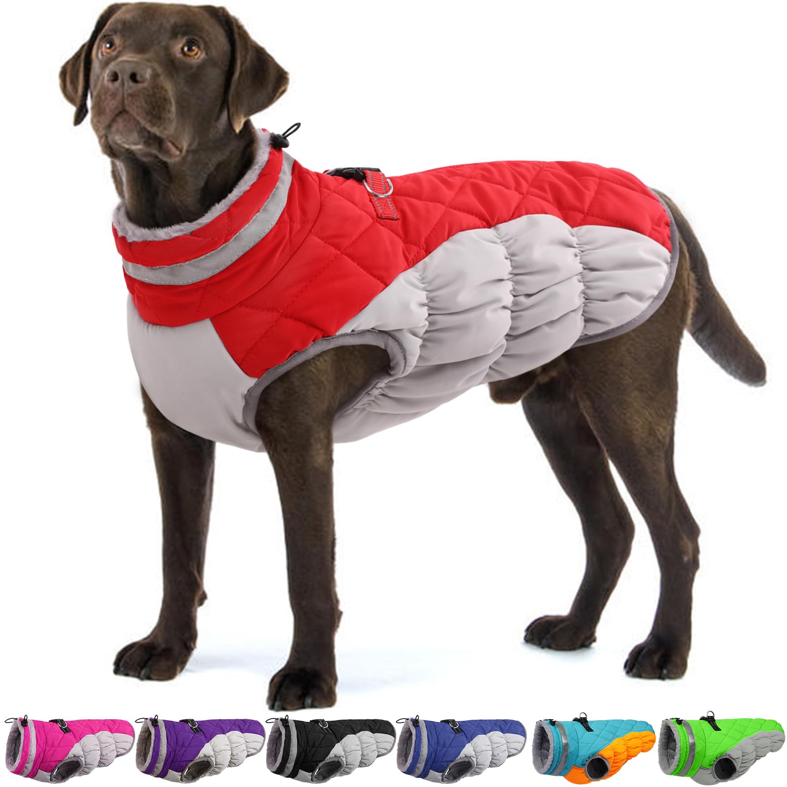 OUOBOB Dog Coat - Winter Jacket with Harness, Waterproof, Reflective, Windproof, Puffer Jacket - Red 2XL