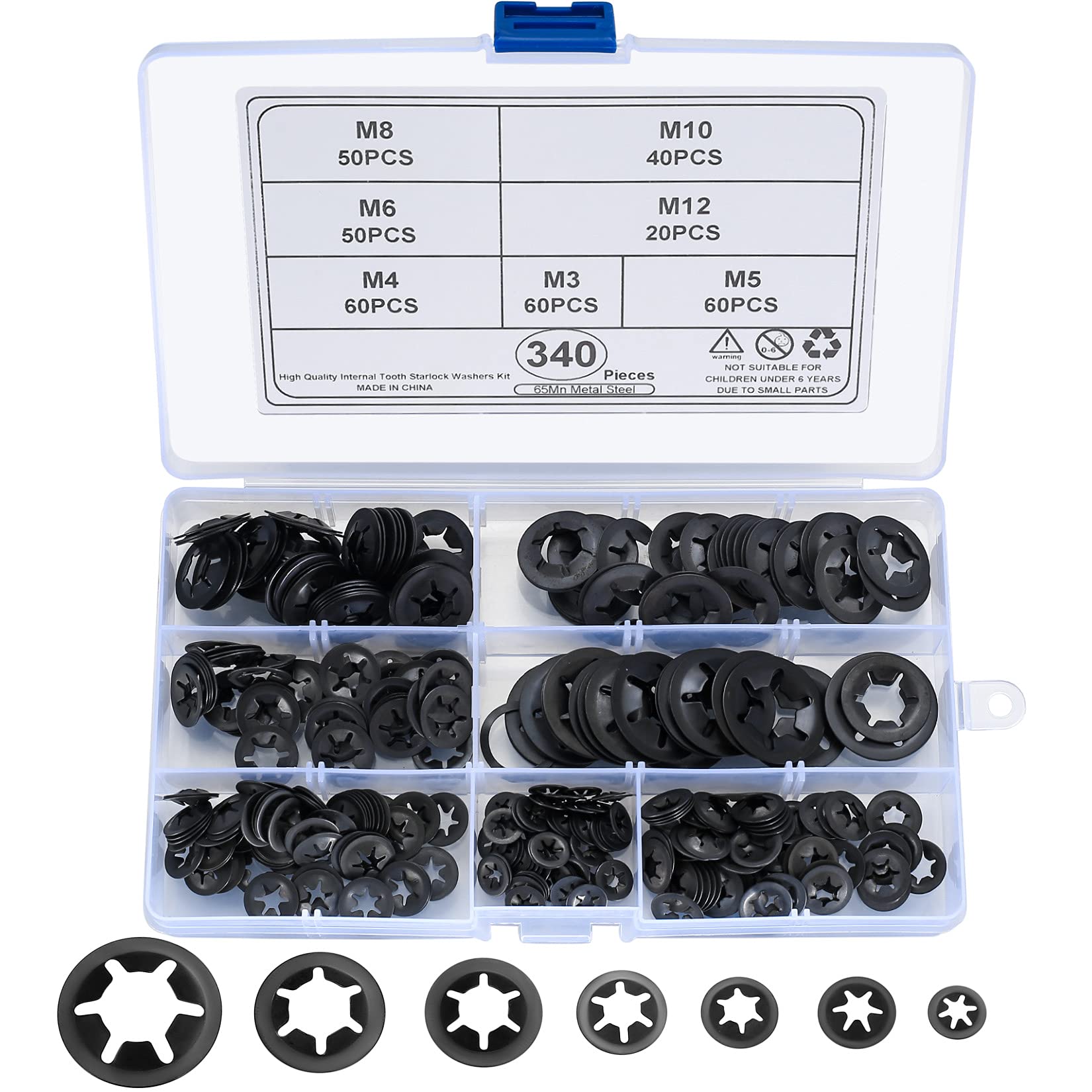 340 Pcs Starlock Washers, Internal Tooth Quick Speed Locking Washer, Push On Speed Clips Fasteners Starlock Washers Assortment Kit - 65Mn, Black, M3/M4/M5/M6/M8/M10/M12