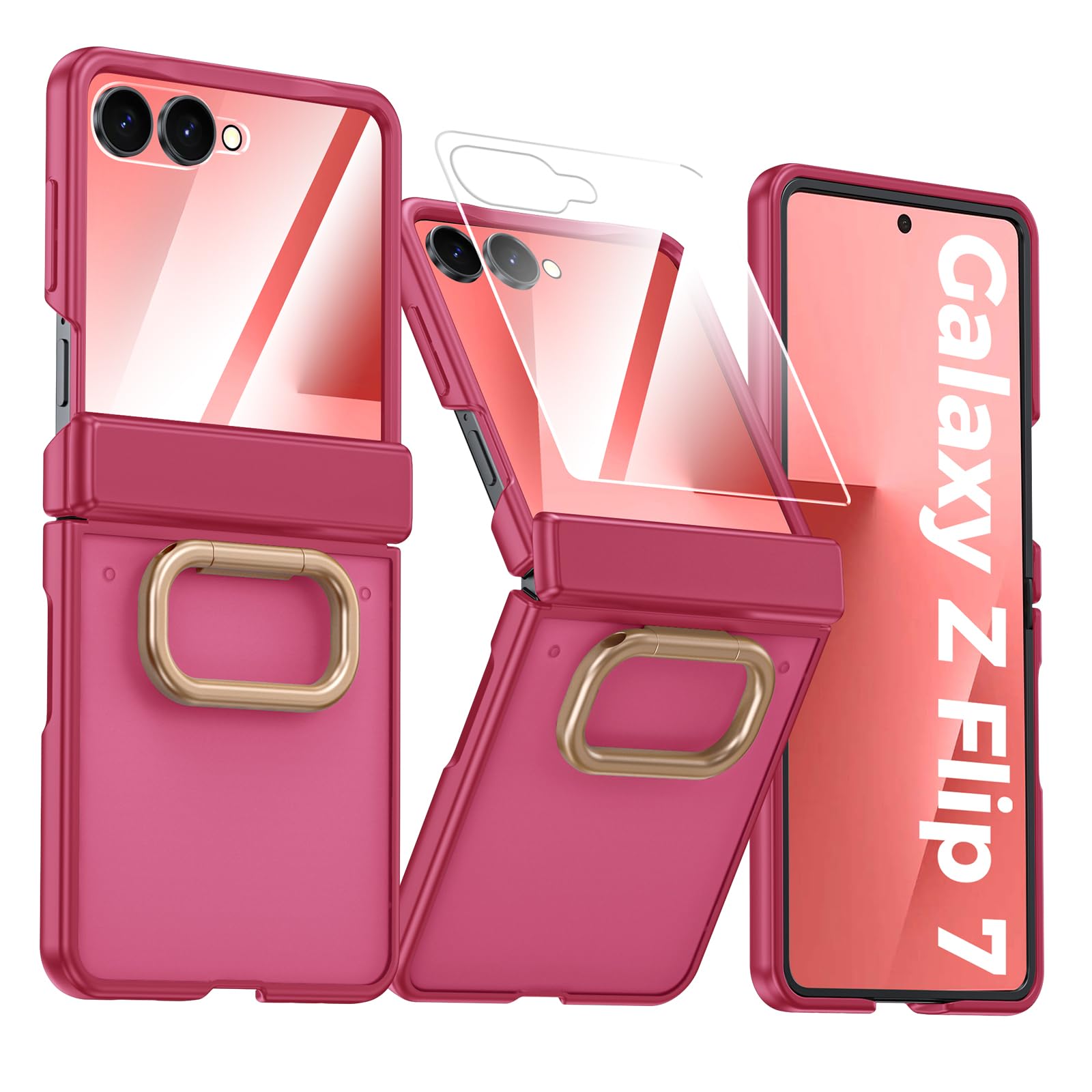 Photo 1 of Vizvera for Samsung Galaxy Z Flip 7 Case with Ring Holder[Slim Design][Screen Protector][Hinge Protection] Translucent Matte Shockproof Protective Phone Case for Galaxy Z Flip 7(Ring Magenta)