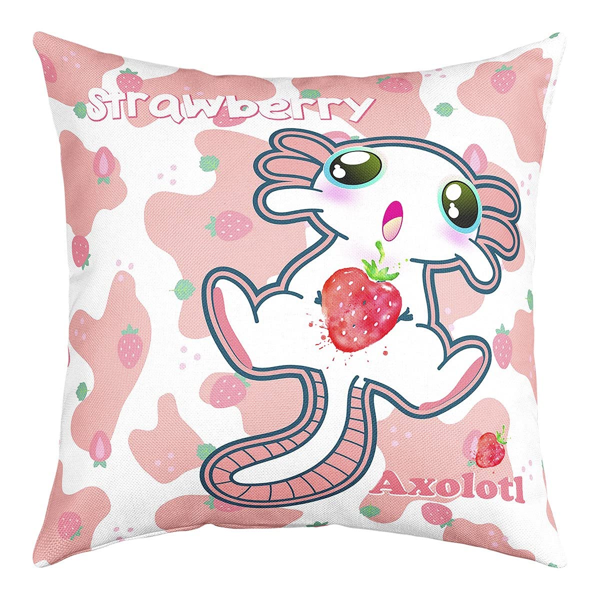 richhome Kawaii Axolotl Pillow Cover Cute Cartoon Animal Cushion Cover for Girls Kids Pink Milk Stripe Watercolor Strawberry Pillow Cover for Bedroom Couch Chairs 18x18 Inch