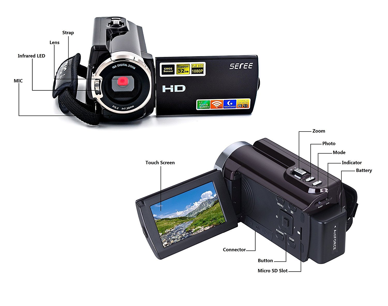 SEREE Camcorder WIFI Video Camera FHD 1080P 60FPS Night Vision Camcorder 20MP 16X Digital Zoom 3 Inch Touch Screen
