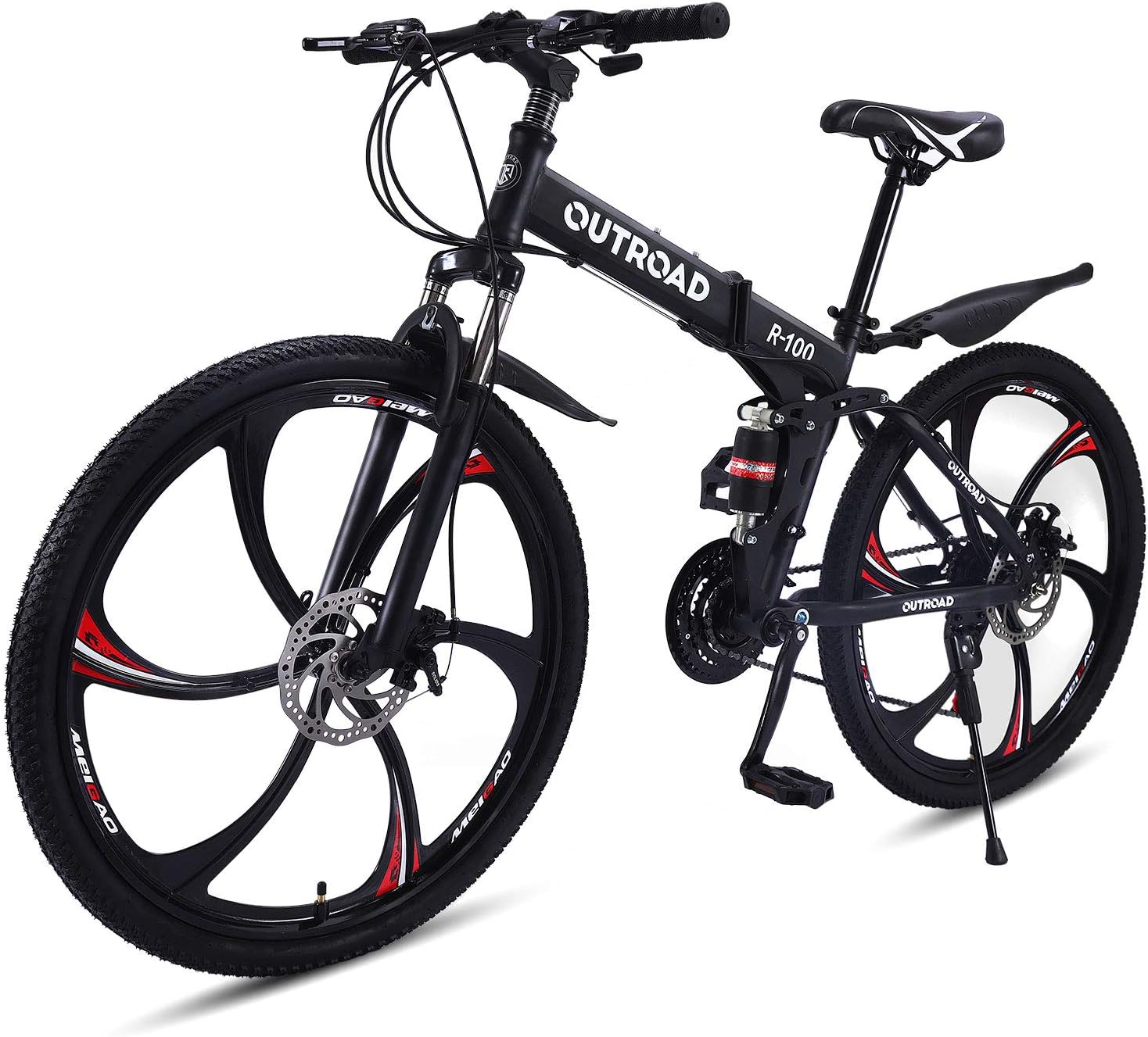 Outroad Mountain Bike 26in 21 Speed Double Disc Brake Folding Bike Commuter Bicycle, Black, Orange, Yellow