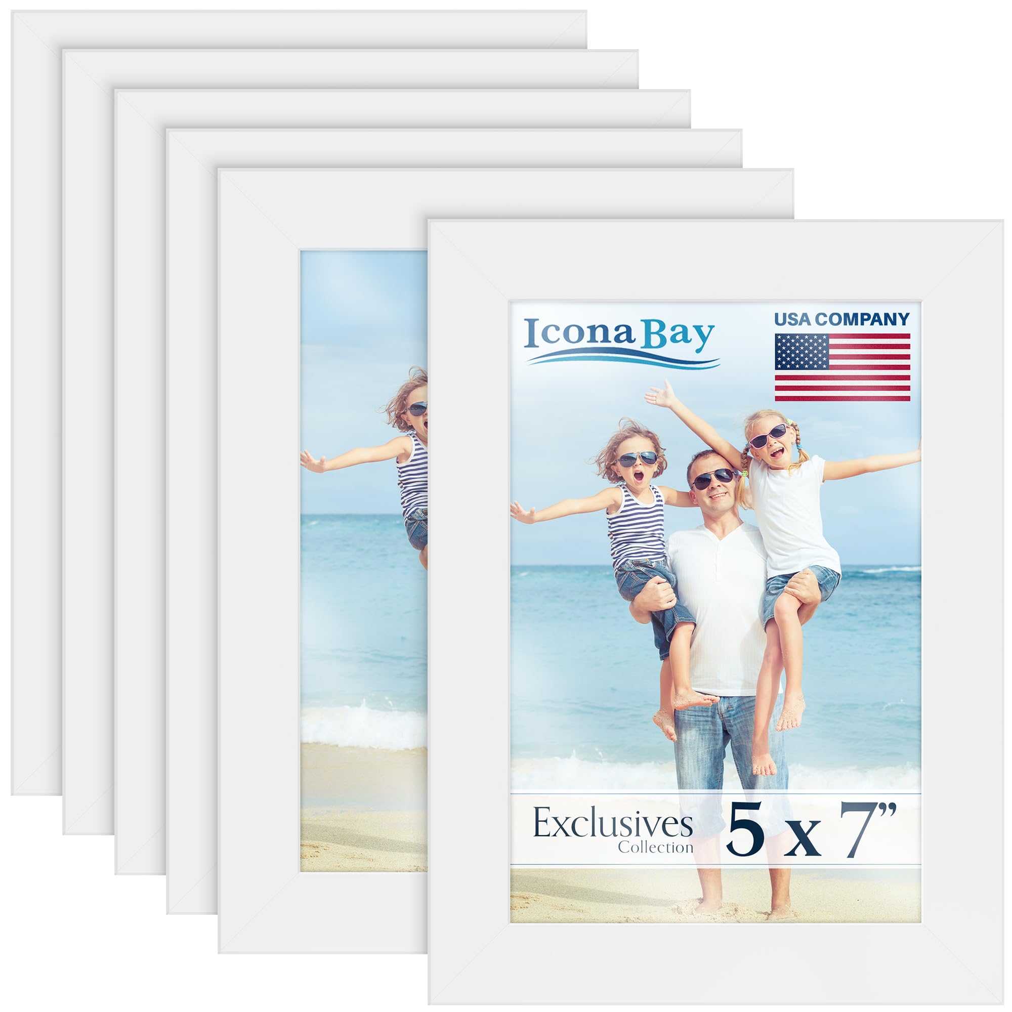 Icona Bay - 7x5 Picture Frames - White, 6 Pack - Sturdy Engineered Wood Photo Frames 7 x 5 - Sleek Design, Table Top or Wall Mount - Exclusives Collection