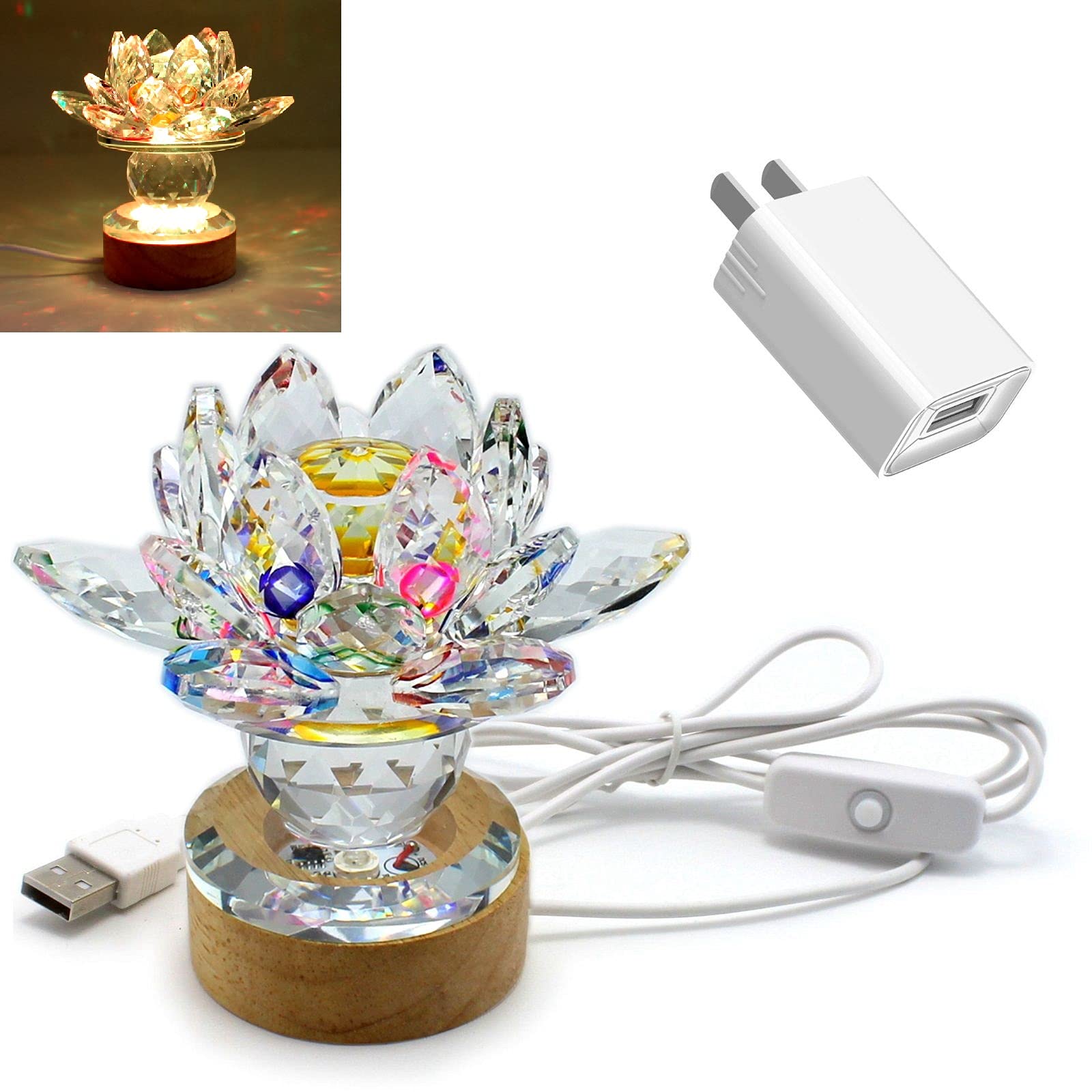 Photo 1 of YUANHEN Colour Crystal Lotus Flower Night Light - Wood LED Light Base USB Interface Warm Light 5V1A Charger for Holiday Gifts Keepsake NC