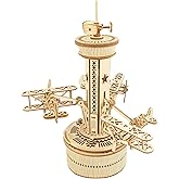 ROBOTIME 3D Wooden Puzzles for Adults DIY Musical Box Model Kit to Build Self-Assembly Building Kit Airplane-Control Tower