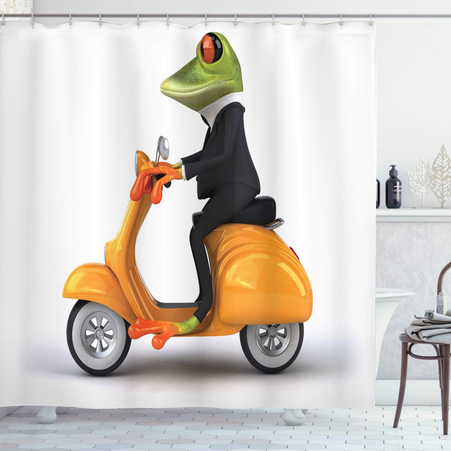 ABAKUHAUS Animal Shower Curtain, Serious Italian Frog Riding Motorcycle Fun Nature Graphic Urban Art, Cloth Fabric Bathroom Decor Set with Hooks, 78 Inches, Green Black Orange