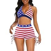 Womens High Waisted Swimsuits with Boy Shorts Brazilian Triangle Top Stripes Halter Bikini Two Piece Bathing Suits