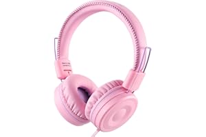 POWMEE M1 Kids Headphones Wired Headphone for Kids,Foldable Adjustable Stereo Tangle-Free,3.5MM Jack Wire Cord On-Ear Headphone for Children (Pink)