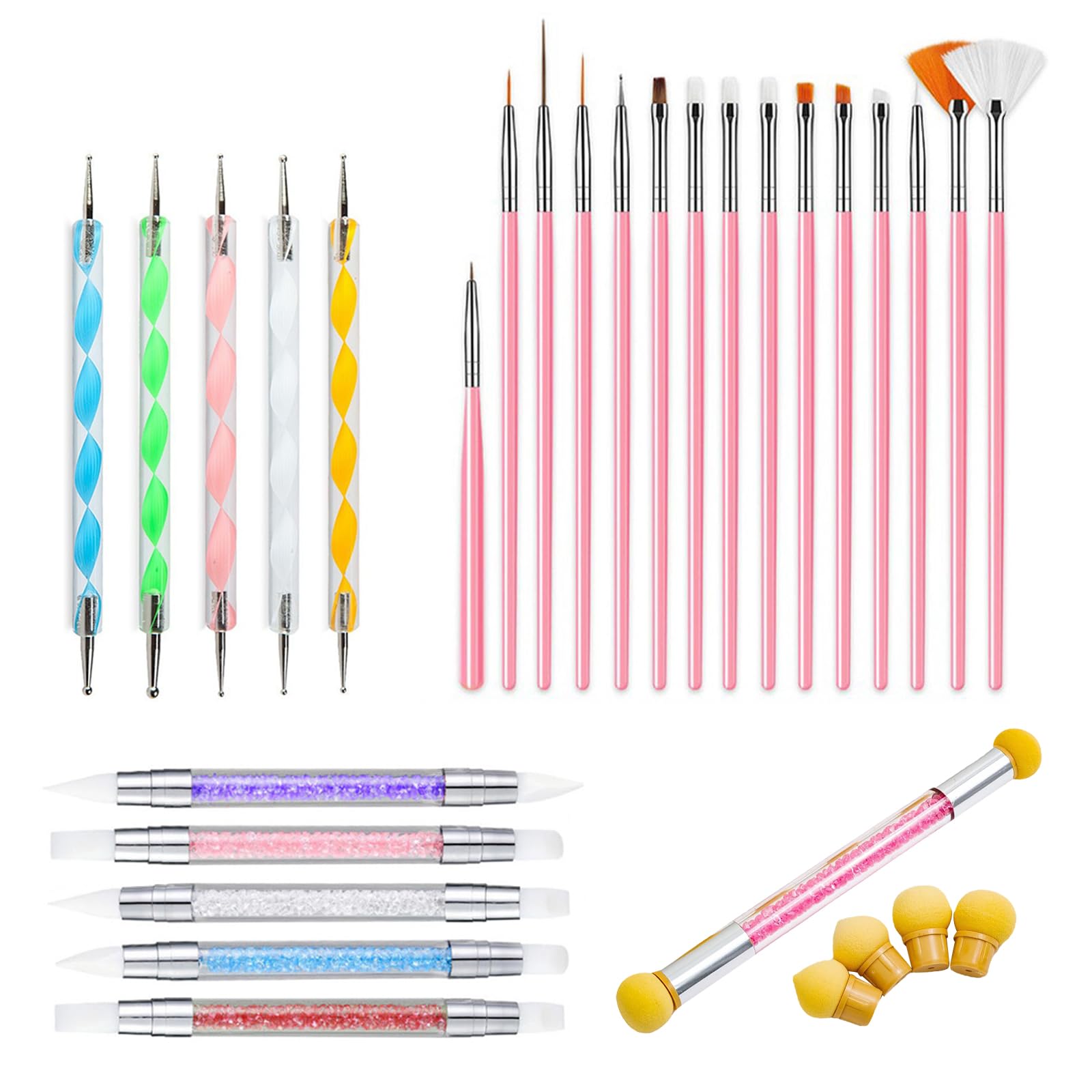 BDSHUNBF 26 Pcs Nail Art Brushes Nail Art Liner Brushes Nail Dotting Tools Silicone Nail Art Brush Nail Sponges for Ombré with 4 Replacement Heads, Nail Brush for Nail Art for Diy & Professional Use