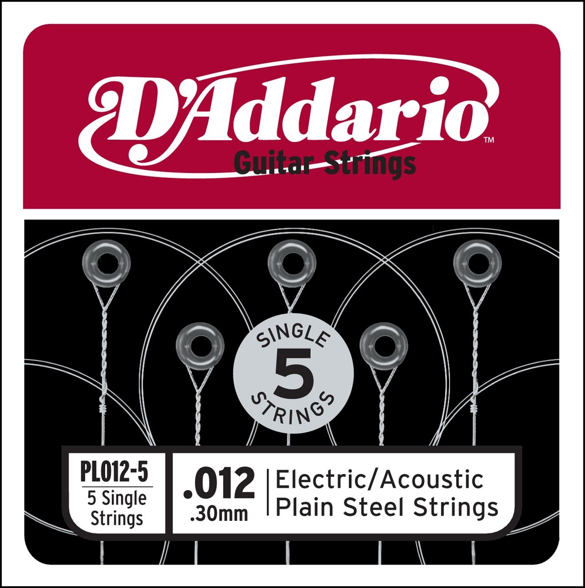 D'Addario PL012-5 Plain Steel Electric/Acoustic Guitar Strings 5-Pack
