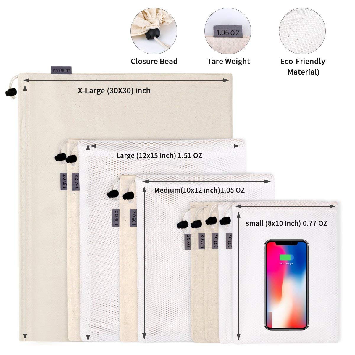 9er Set Obst&Gemüsebeutel,WU-MINGLU Einkaufstaschen wiederverwendbar Gemüsenetze robuste Kartoffelsack Brotbeutel Baumwolle Einkaufsnetze Kordelzug Tasche Aufbewahrungsbeutel für Einkaufen und Haushalt