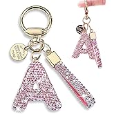 Key Chains Women Cute, Pink Letter A Keychain Wrist Personalized, Purse Charms, Bling Gift for Girls