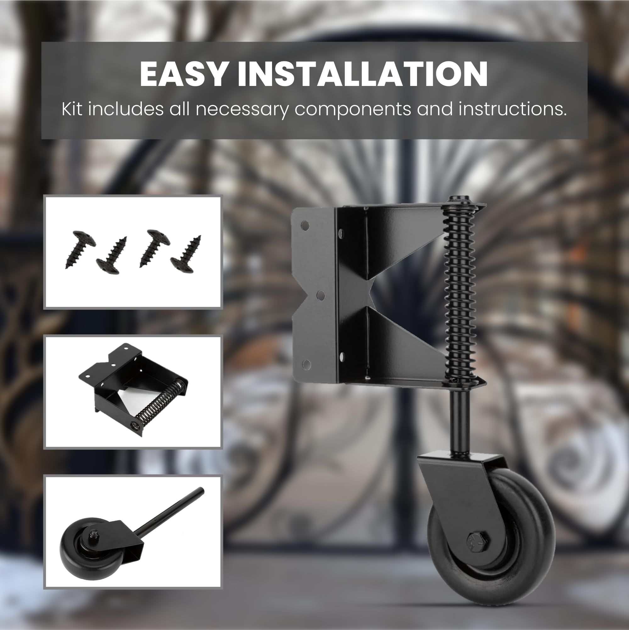 4" Heavy Duty Spring Loaded Gate Caster Wheel | 360° Swivel Anti-Sag Gate Kit For Wooden/Metal Gates | 200+ Lbs Capacity, Black - View #10
